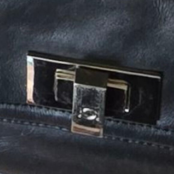 BEBE Black Genuine Leather Tote Bag W Silver Hardware Magnetic Closure - Picture 6 of 12